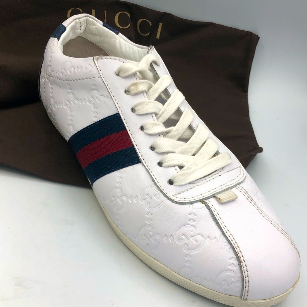 Gucci Men's Sneaker Leather White Shoes GG Web Detail Size 7 (40 ) AUTHENTIC.